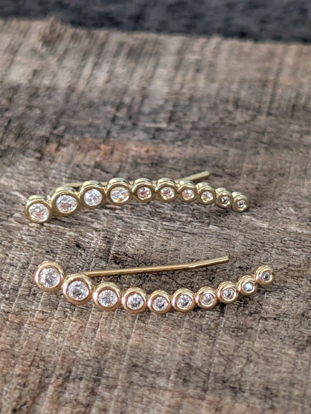 Gold Cubic Zirconia Ear Climbers - Sparkling Bezel Set Line